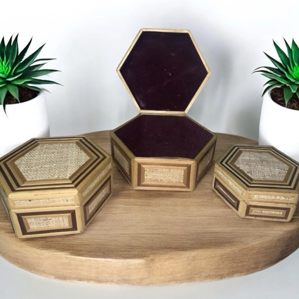 Vtg Philippines Woven Rattan Bamboo Keepsake Trinket Box Hexagon Shaped Set Of 3